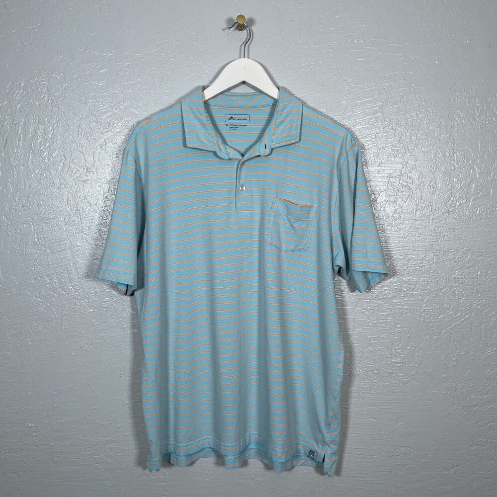 Peter Millar Men XL Blue Orange Stripe Polo Performance Golf Short Sleeve Preppy